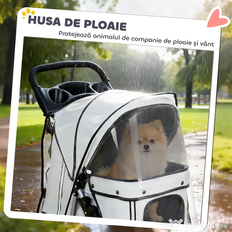 PawHut Cărucior pentru Câini Pliabil cu Husă de Ploaie, Roți Rotative și Pernuță Lavabilă, 77x44x102cm, Gri | Aosom Romania