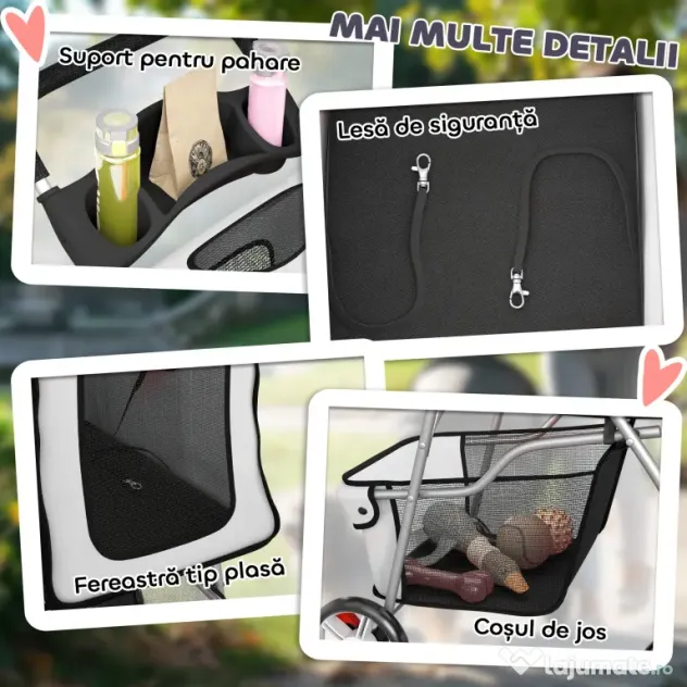 PawHut Cărucior pentru Câini Pliabil cu Husă de Ploaie, Roți Rotative și Pernuță Lavabilă, 77x44x102cm, Gri | Aosom Romania
