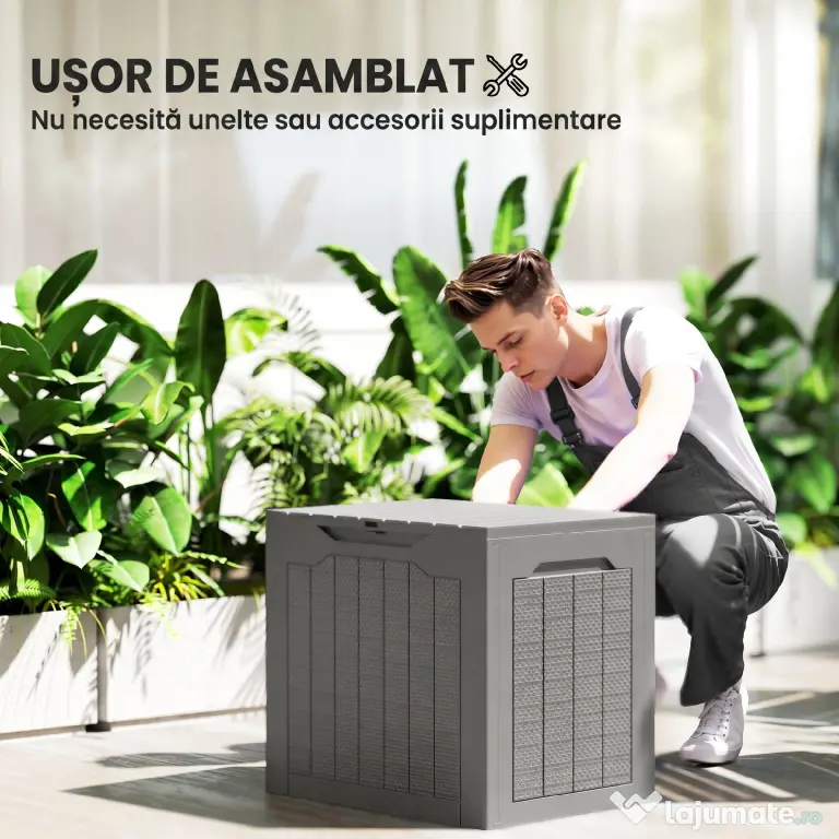 Outsunny Cufăr de Grădină cu Mânere, Container pentru Unelte Impermeabil, 56x41x50 cm, Bej Deschis | Aosom Romania