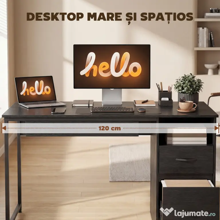 HOMCOM Birou Gaming Industrial, 120x52,3cm Stație Gaming cu Suport Tastatură, Compartiment Deschis și Sertare pentru Documente Format A4 Letter Legal, Masă Computer pentru Birou Acasă, Negru | Aosom Romania