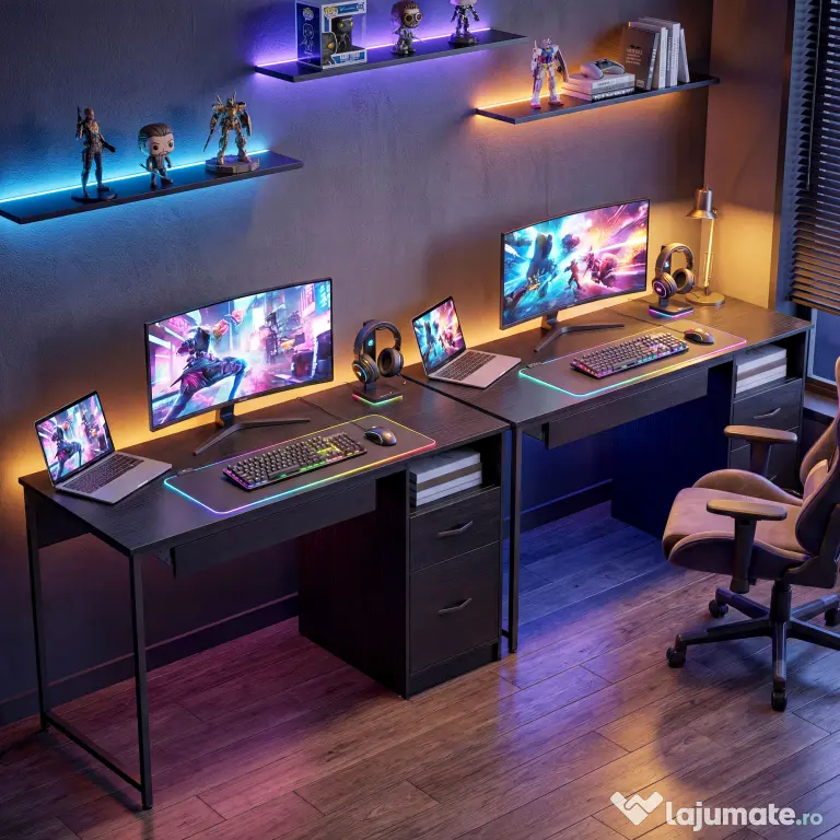 HOMCOM Birou Gaming Industrial, 120x52,3cm Stație Gaming cu Suport Tastatură, Compartiment Deschis și Sertare pentru Documente Format A4 Letter Legal, Masă Computer pentru Birou Acasă, Negru | Aosom Romania