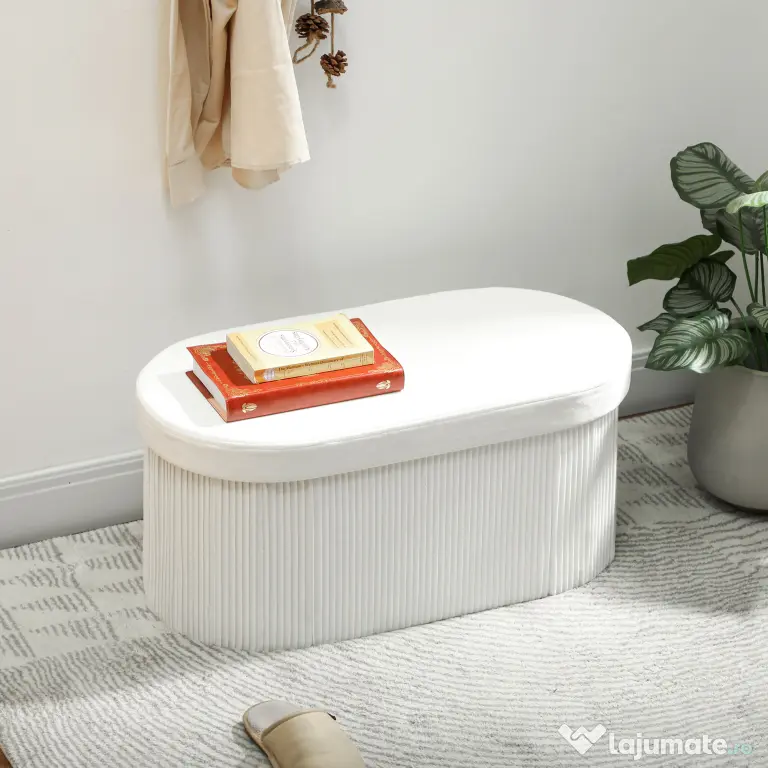HOMCOM Taburet cu Spațiu de Depozitare Pliabil, Bancă Modernă Tapițată cu Material Catifea, Suport pentru Picioare cu Compartiment de 72L pentru Living și Dormitor, 76x38x35 cm, Crem | Aosom Romania