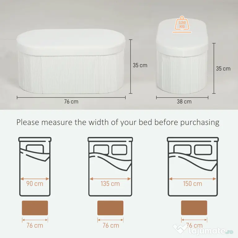 HOMCOM Taburet cu Spațiu de Depozitare Pliabil, Bancă Modernă Tapițată cu Material Catifea, Suport pentru Picioare cu Compartiment de 72L pentru Living și Dormitor, 76x38x35 cm, Crem | Aosom Romania