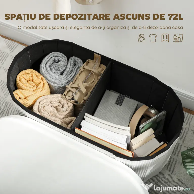 HOMCOM Taburet cu Spațiu de Depozitare Pliabil, Bancă Modernă Tapițată cu Material Catifea, Suport pentru Picioare cu Compartiment de 72L pentru Living și Dormitor, 76x38x35 cm, Crem | Aosom Romania