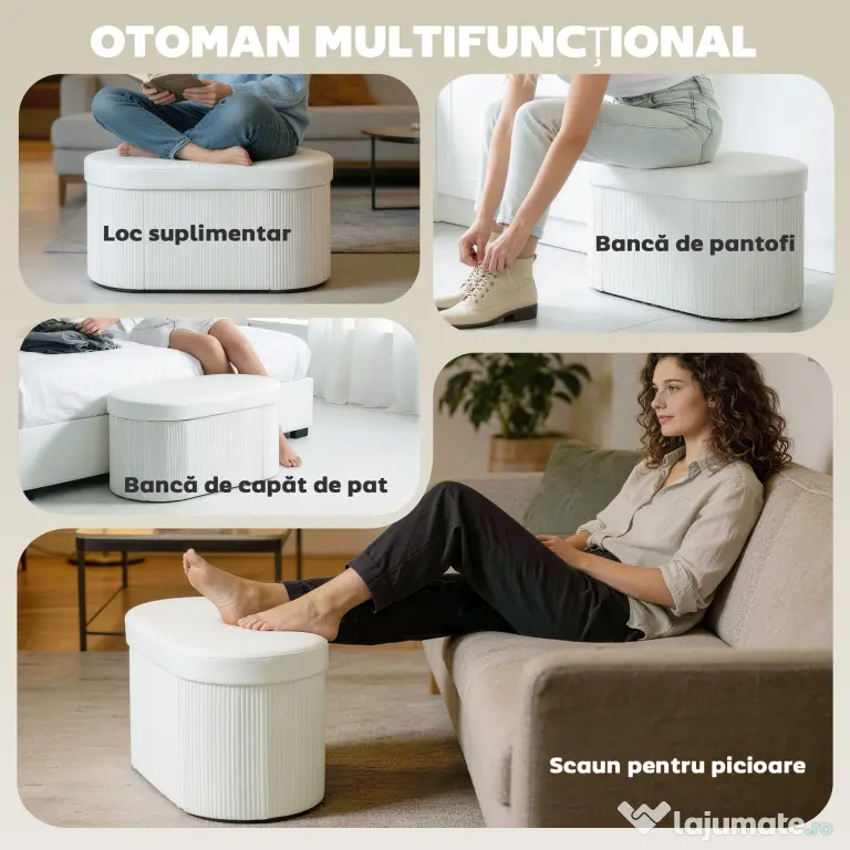 HOMCOM Taburet cu Spațiu de Depozitare Pliabil, Bancă Modernă Tapițată cu Material Catifea, Suport pentru Picioare cu Compartiment de 72L pentru Living și Dormitor, 76x38x35 cm, Crem | Aosom Romania
