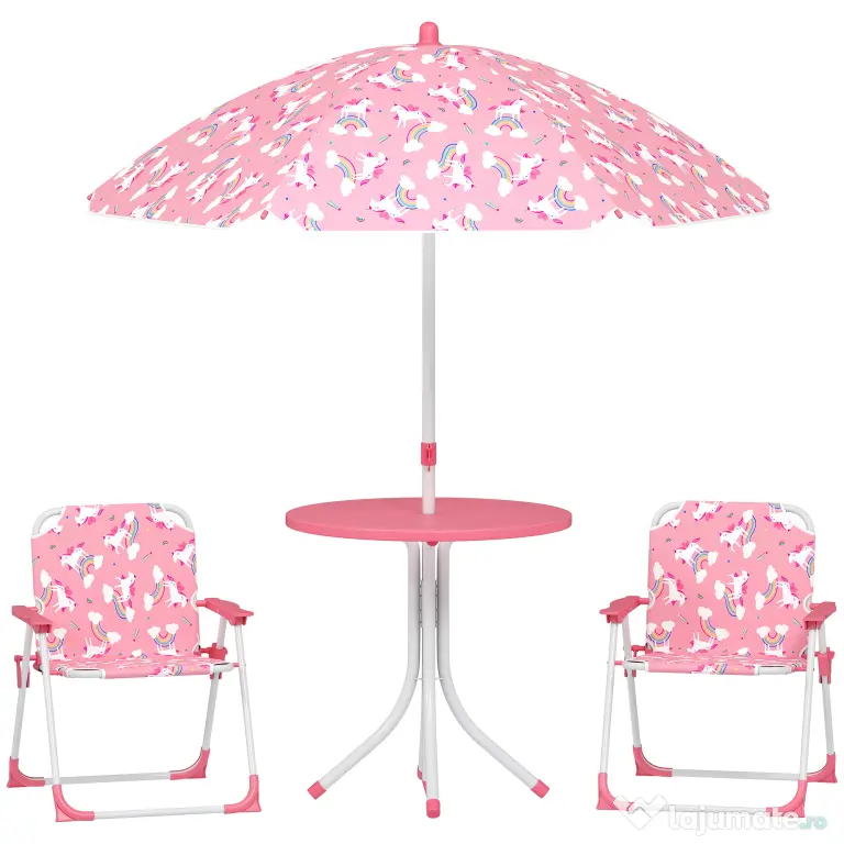 AIYAPLAY Masă de Picnic pentru Copii, Set Masă și Scaune cu 2 Scaune Pliabile și Umbrelă Detasabilă, Temă Junglă, Mobilier de Exterior pentru Grădină, Patio, Roz | Aosom Romania