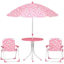 AIYAPLAY Masă de Picnic pentru Copii, Set Masă și Scaune cu 2 Scaune Pliabile și Umbrelă Detasabilă, Temă Junglă, Mobilier de Exterior pentru Grădină, Patio, Roz | Aosom Romania