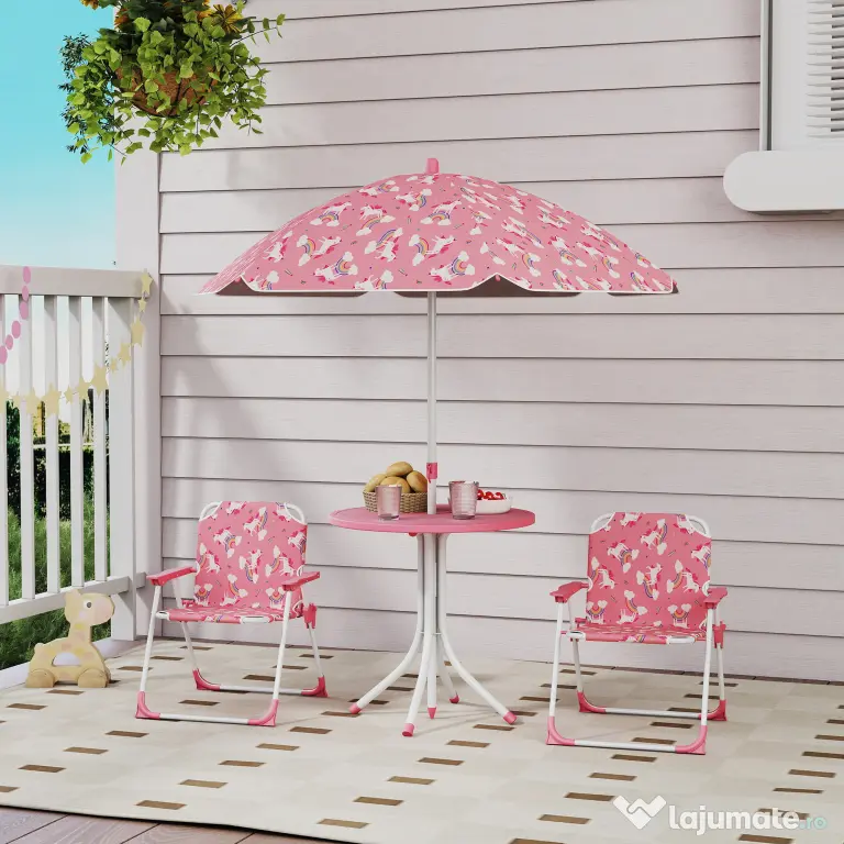 AIYAPLAY Masă de Picnic pentru Copii, Set Masă și Scaune cu 2 Scaune Pliabile și Umbrelă Detasabilă, Temă Junglă, Mobilier de Exterior pentru Grădină, Patio, Roz | Aosom Romania