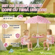 AIYAPLAY Masă de Picnic pentru Copii, Set Masă și Scaune cu 2 Scaune Pliabile și Umbrelă Detasabilă, Temă Junglă, Mobilier de Exterior pentru Grădină, Patio, Roz | Aosom Romania 