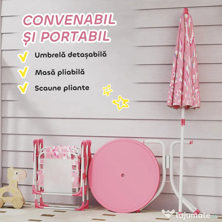 AIYAPLAY Masă de Picnic pentru Copii, Set Masă și Scaune cu 2 Scaune Pliabile și Umbrelă Detasabilă, Temă Junglă, Mobilier de Exterior pentru Grădină, Patio, Roz | Aosom Romania