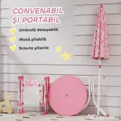 AIYAPLAY Masă de Picnic pentru Copii, Set Masă și Scaune cu 2 Scaune Pliabile și Umbrelă Detasabilă, Temă Junglă, Mobilier de Exterior pentru Grădină, Patio, Roz | Aosom Romania 