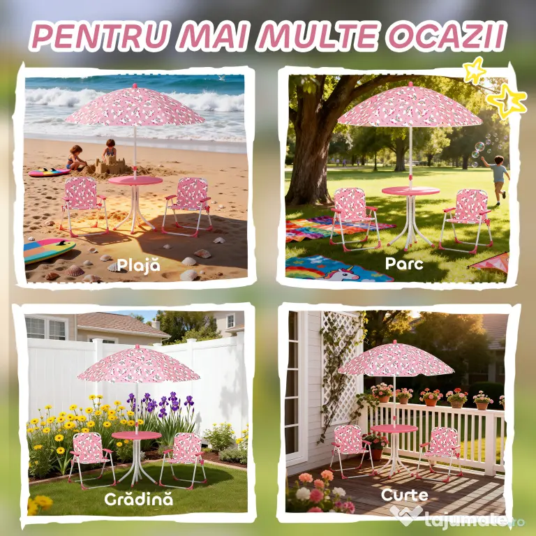 AIYAPLAY Masă de Picnic pentru Copii, Set Masă și Scaune cu 2 Scaune Pliabile și Umbrelă Detasabilă, Temă Junglă, Mobilier de Exterior pentru Grădină, Patio, Roz | Aosom Romania
