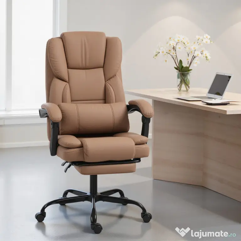 Scaun de birou ergonomic HOMCOM reclinabil 140° cu reposapiede și pernă, scaun de birou din piele ecologică anti-zgârieturi, ușor de curățat, brațe îmbunătățite, pivotant și reglabil pe înălțime, maro | Aosom Romania
