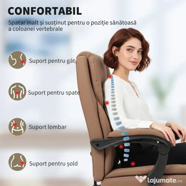 Scaun de birou ergonomic HOMCOM reclinabil 140° cu reposapiede și pernă, scaun de birou din piele ecologică anti-zgârieturi, ușor de curățat, brațe îmbunătățite, pivotant și reglabil pe înălțime, maro | Aosom Romania