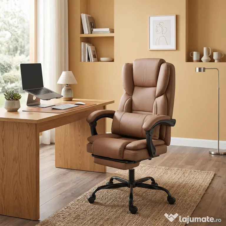 Scaun de birou ergonomic HOMCOM reclinabil 140° cu reposapiede și pernă, scaun de birou din piele ecologică anti-zgârieturi, ușor de curățat, brațe îmbunătățite, pivotant și reglabil pe înălțime, maro | Aosom Romania