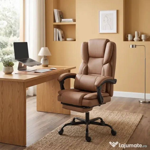 Scaun de birou ergonomic HOMCOM reclinabil 140° cu reposapiede și pernă, scaun de birou din piele ecologică anti-zgârieturi, ușor de curățat, brațe îmbunătățite, pivotant și reglabil pe înălțime, maro | Aosom Romania