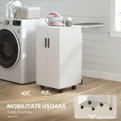 HOMCOM Mobilier pentru Masa de Călcat Pliabil cu Roți, Raft Reglabil și Închidere Soft Close, din Lemn și Material Textil, 128x43x83 cm, Alb | Aosom Romania