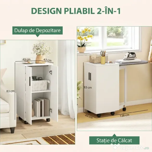 HOMCOM Mobilier pentru Masa de Călcat Pliabil cu Roți, Raft Reglabil și Închidere Soft Close, din Lemn și Material Textil, 128x43x83 cm, Alb