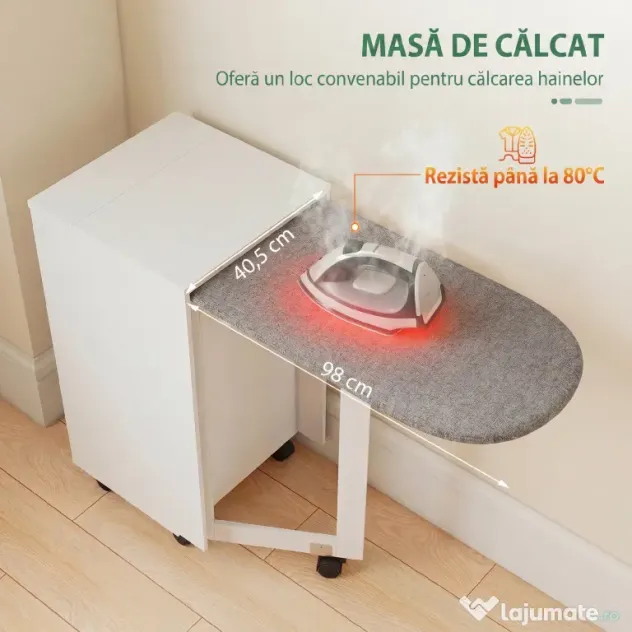 HOMCOM Mobilier pentru Masa de Călcat Pliabil cu Roți, Raft Reglabil și Închidere Soft Close, din Lemn și Material Textil, 128x43x83 cm, Alb