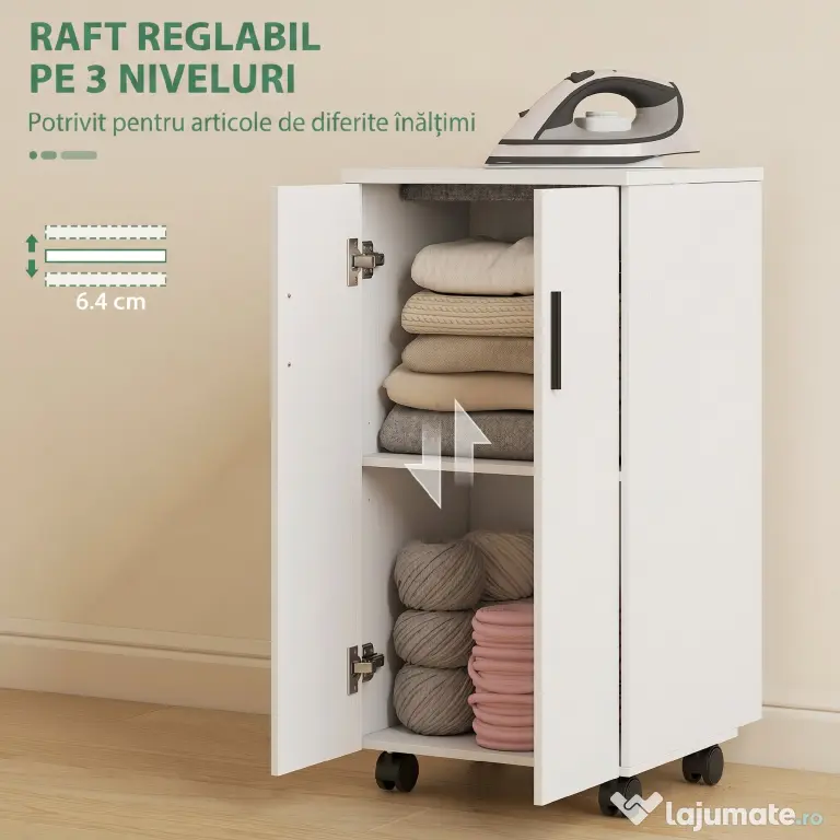HOMCOM Mobilier pentru Masa de Călcat Pliabil cu Roți, Raft Reglabil și Închidere Soft Close, din Lemn și Material Textil, 128x43x83 cm, Alb
