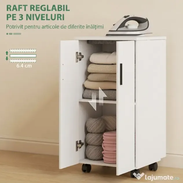 HOMCOM Mobilier pentru Masa de Călcat Pliabil cu Roți, Raft Reglabil și Închidere Soft Close, din Lemn și Material Textil, 128x43x83 cm, Alb