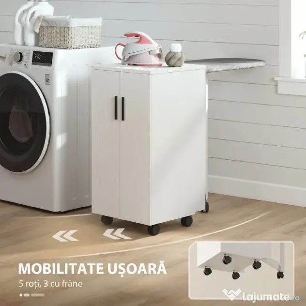 HOMCOM Mobilier pentru Masa de Călcat Pliabil cu Roți, Raft Reglabil și Închidere Soft Close, din Lemn și Material Textil, 128x43x83 cm, Alb