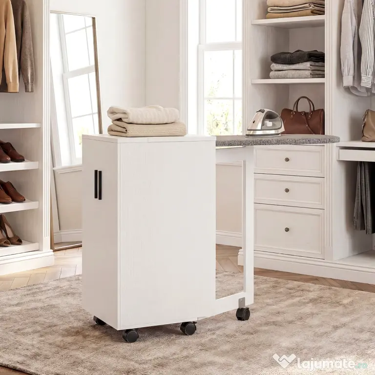 HOMCOM Mobilier pentru Masa de Călcat Pliabil cu Roți, Raft Reglabil și Închidere Soft Close, din Lemn și Material Textil, 128x43x83 cm, Alb