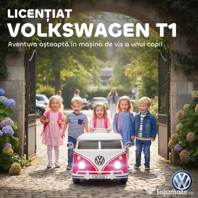 AIYAPLAY Mașinuță Electrică pentru Copii Licență Volkswagen T1 cu MP3 Player, din Metal și PP, 89x49x41.5 cm, Roșu | Aosom Romania
