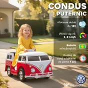 AIYAPLAY Mașinuță Electrică pentru Copii Licență Volkswagen T1 cu MP3 Player, din Metal și PP, 89x49x41.5 cm, Roșu | Aosom Romania 