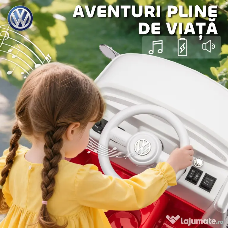 AIYAPLAY Mașinuță Electrică pentru Copii Licență Volkswagen T1 cu MP3 Player, din Metal și PP, 89x49x41.5 cm, Roșu | Aosom Romania