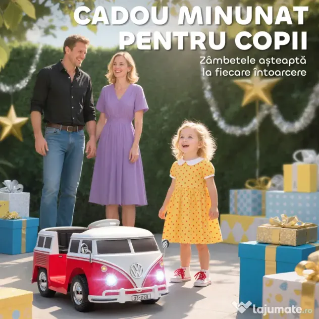 AIYAPLAY Mașinuță Electrică pentru Copii Licență Volkswagen T1 cu MP3 Player, din Metal și PP, 89x49x41.5 cm, Roșu | Aosom Romania