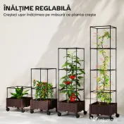 Outsunny Jardinieră Înălțată cu Spalier 20L, Pat de Grădină Înălțat pentru Exterior cu Roți Blocabile, Sistem de Autoirigare, Orificii de Drenaj pentru Plante Cățărătoare, Legume și Flori, Maro | Aosom Romania 