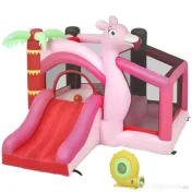 AIYAPLAY Castel Gonflabil pentru Copii 4 în 1, Tobogan, Trambulină, Piscină cu Bile, Coș de Baschet, Mingi de Baschet, Tematică Flamingo, Ventilator, Geantă de Transport, Interior Exterior, 255x230x196cm, Roz | Aosom Romania 