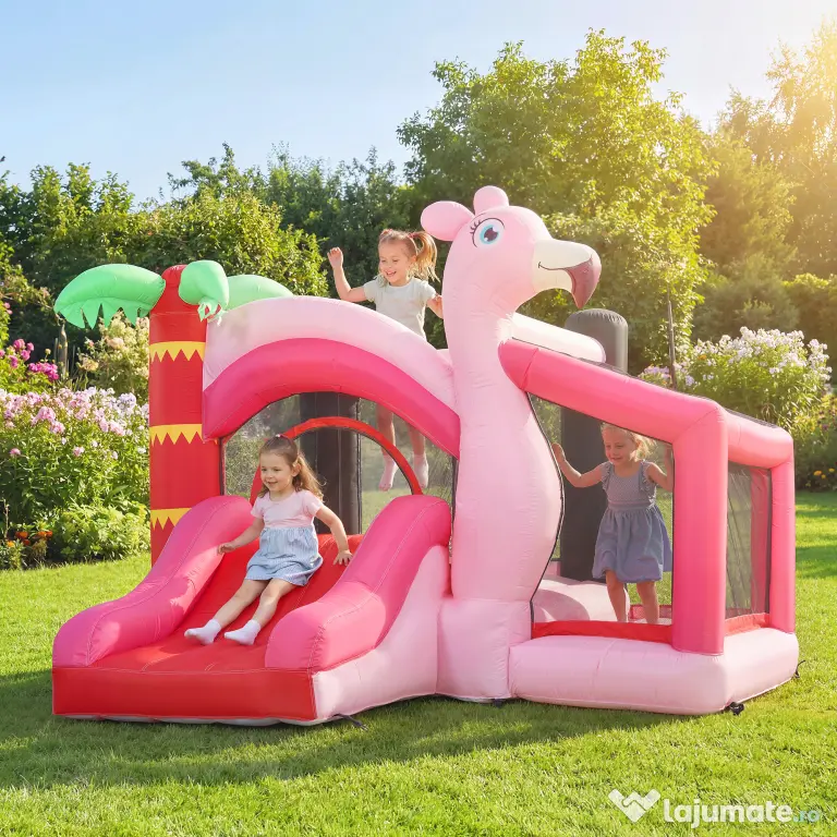 AIYAPLAY Castel Gonflabil pentru Copii 4 în 1, Tobogan, Trambulină, Piscină cu Bile, Coș de Baschet, Mingi de Baschet, Tematică Flamingo, Ventilator, Geantă de Transport, Interior Exterior, 255x230x196cm, Roz | Aosom Romania