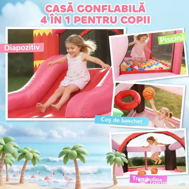 AIYAPLAY Castel Gonflabil pentru Copii 4 în 1, Tobogan, Trambulină, Piscină cu Bile, Coș de Baschet, Mingi de Baschet, Tematică Flamingo, Ventilator, Geantă de Transport, Interior Exterior, 255x230x196cm, Roz | Aosom Romania