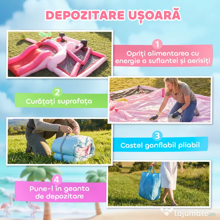 AIYAPLAY Castel Gonflabil pentru Copii 4 în 1, Tobogan, Trambulină, Piscină cu Bile, Coș de Baschet, Mingi de Baschet, Tematică Flamingo, Ventilator, Geantă de Transport, Interior Exterior, 255x230x196cm, Roz | Aosom Romania
