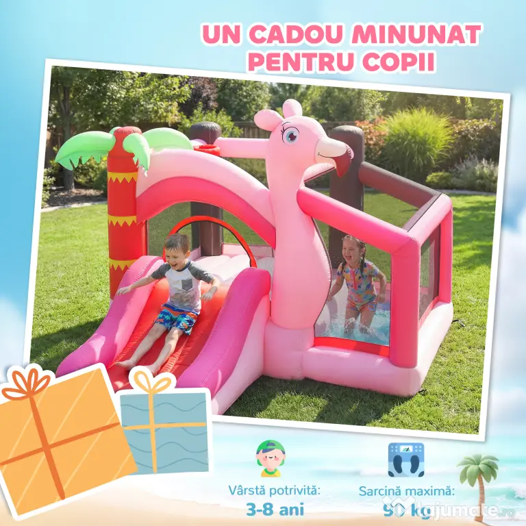 AIYAPLAY Castel Gonflabil pentru Copii 4 în 1, Tobogan, Trambulină, Piscină cu Bile, Coș de Baschet, Mingi de Baschet, Tematică Flamingo, Ventilator, Geantă de Transport, Interior Exterior, 255x230x196cm, Roz | Aosom Romania