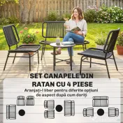 Outsunny Set Mobilier Grădină Ratan 4 Piese, Canapea pentru Exterior cu Măsuță Metalică, Negru | Aosom Romania