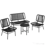 Outsunny Set Mobilier Grădină Ratan 4 Piese, Canapea pentru Exterior cu Măsuță Metalică, Negru