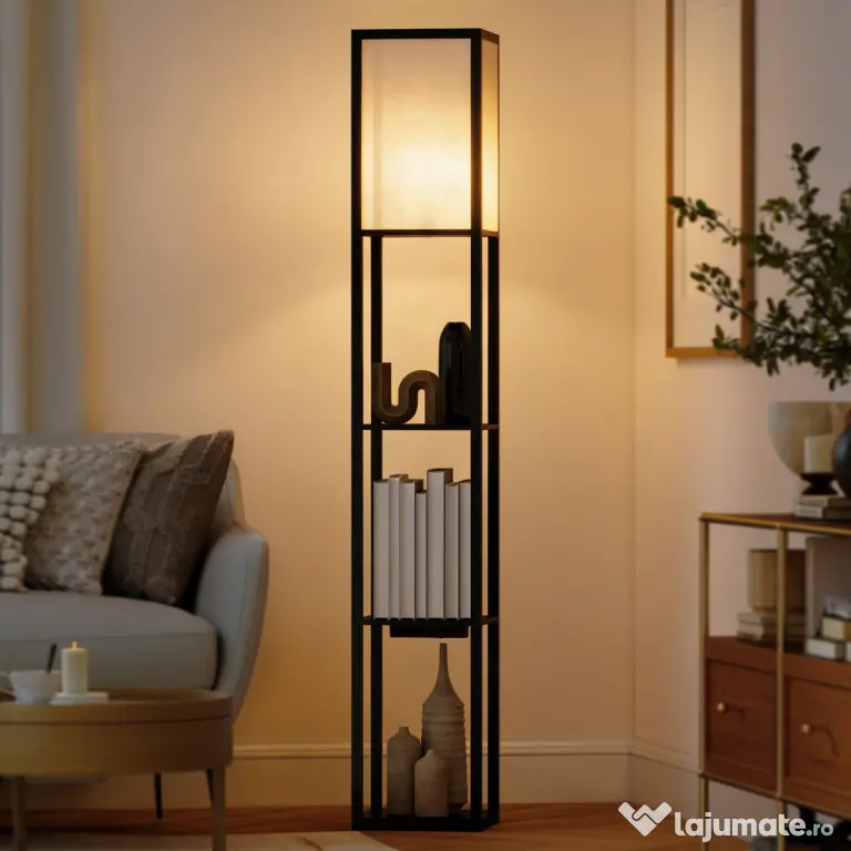Lampă de Podea HOMCOM LED cu Rafturi, Lampă Modernă cu Comutator și Porturi USB, Lumină Reglabilă pentru Living și Dormitor, Neagră | Aosom Romania