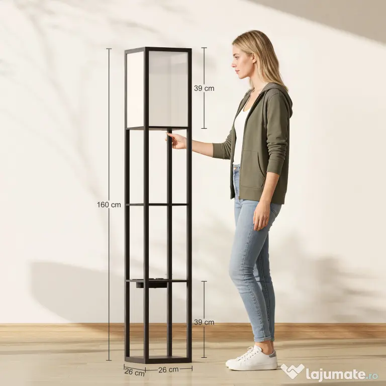Lampă de Podea HOMCOM LED cu Rafturi, Lampă Modernă cu Comutator și Porturi USB, Lumină Reglabilă pentru Living și Dormitor, Neagră | Aosom Romania