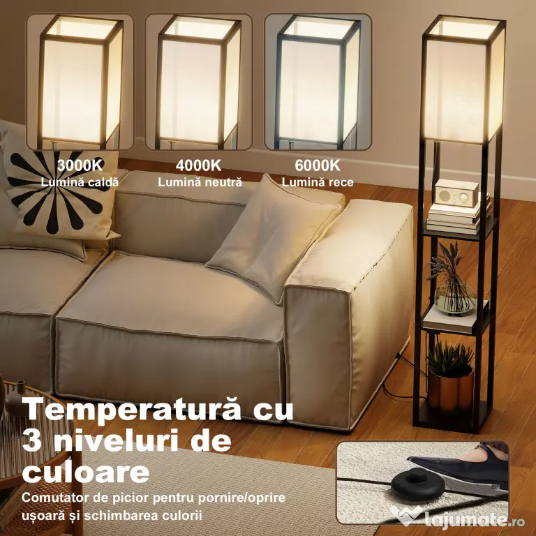 Lampă de Podea HOMCOM LED cu Rafturi, Lampă Modernă cu Comutator și Porturi USB, Lumină Reglabilă pentru Living și Dormitor, Neagră | Aosom Romania