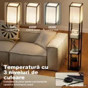 Lampă de Podea HOMCOM LED cu Rafturi, Lampă Modernă cu Comutator și Porturi USB, Lumină Reglabilă pentru Living și Dormitor, Neagră | Aosom Romania 