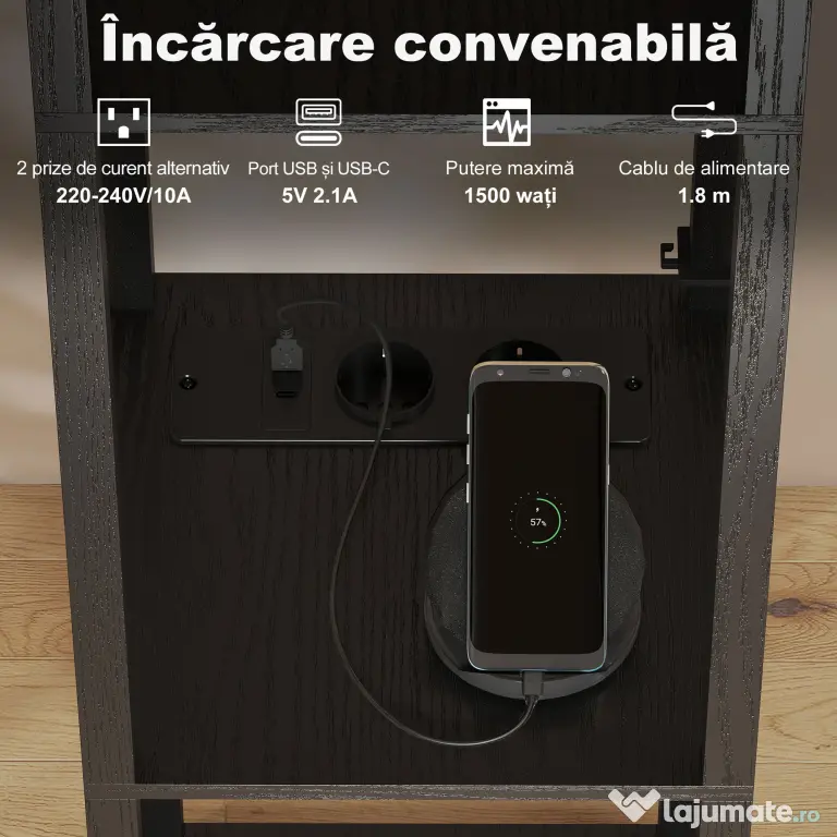 Lampă de Podea HOMCOM LED cu Rafturi, Lampă Modernă cu Comutator și Porturi USB, Lumină Reglabilă pentru Living și Dormitor, Neagră | Aosom Romania