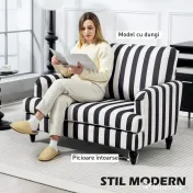HOMCOM Fotoliu de Living cu Șezut Larg și Cotiere Lungi, Fotoliu din Catifea cu Dungi și Umplutură Groasă, 115x82x82 cm, Negru și Alb | Aosom Romania