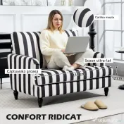 HOMCOM Fotoliu de Living cu Șezut Larg și Cotiere Lungi, Fotoliu din Catifea cu Dungi și Umplutură Groasă, 115x82x82 cm, Negru și Alb | Aosom Romania