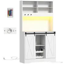 HOMCOM Bufet Bucătărie cu Prize Electrice, Lumină LED, Suport pentru Sticle și Uși Glisante, 100x38x180 cm, Alb