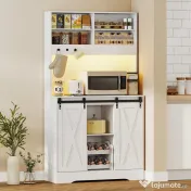 HOMCOM Servantă de Bucătărie Rustică 180 cm, Dulap cu Priză de Alimentare, Lumini LED, Suport pentru Sticle, Suprafață pentru Cuptor cu Microunde, Rafturi Deschise, Uși Glisante, Orificiu pentru Cabluri, Alb | Aosom Romania