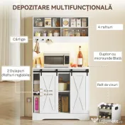 HOMCOM Servantă de Bucătărie Rustică 180 cm, Dulap cu Priză de Alimentare, Lumini LED, Suport pentru Sticle, Suprafață pentru Cuptor cu Microunde, Rafturi Deschise, Uși Glisante, Orificiu pentru Cabluri, Alb | Aosom Romania
