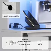 HOMCOM Servantă de Bucătărie Rustică 180 cm, Dulap cu Priză de Alimentare, Lumini LED, Suport pentru Sticle, Suprafață pentru Cuptor cu Microunde, Rafturi Deschise, Uși Glisante, Orificiu pentru Cabluri, Alb | Aosom Romania